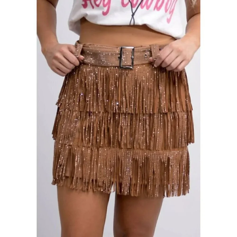 *PLUS ONLY* Spotlight Stealer Rhinestone Fringe Mini Skort Camel - Picture 9 of 10